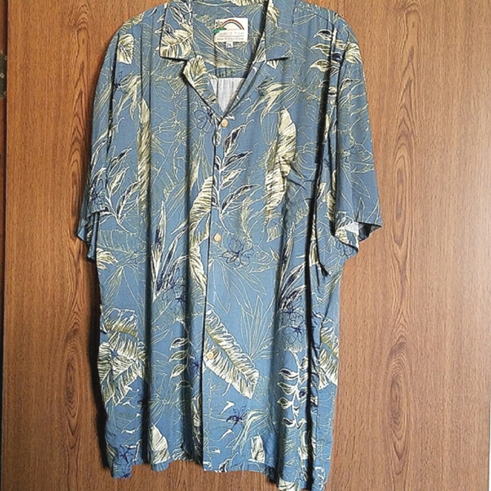 Paradise Found Vintage Blue Leaf Print Hawaiian Shirt Size 2XL